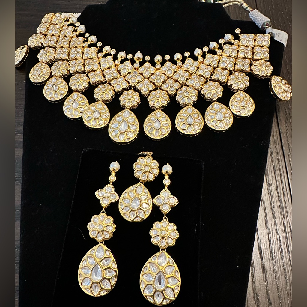 Brand New Kundan Polki Diamonds 22 Karat Gold Plated Set Womens Indian Jewelry